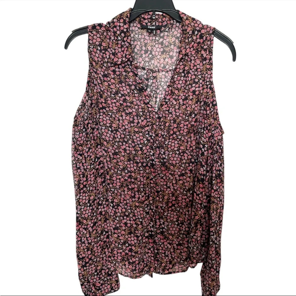 PAIGE women’s Cold-Shoulder Silk sheer Blouse dark floral print size XS